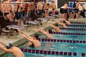 Swimmers at the start of the 200 yard IM relay