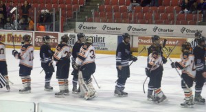 Boys shake hands with the Moorhead Spuds after the loss.  Photo by Lauren Rosso