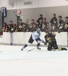 Senior Cale Ehresmann fights for the puck against Duluth Dentfield