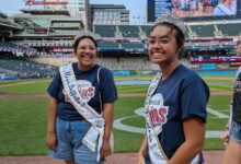 Erika Torres-Gutierrez ‘26 and Ameira Dunn ‘26 visit Target Field in Minneapolis.