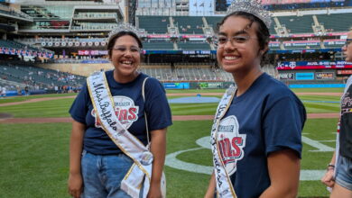 Erika Torres-Gutierrez ‘26 and Ameira Dunn ‘26 visit Target Field in Minneapolis.
