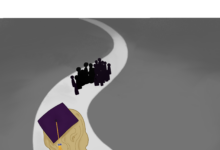 A senior dressed for graduation in a purple cap and gown watches a cluster of graduates in the distance.