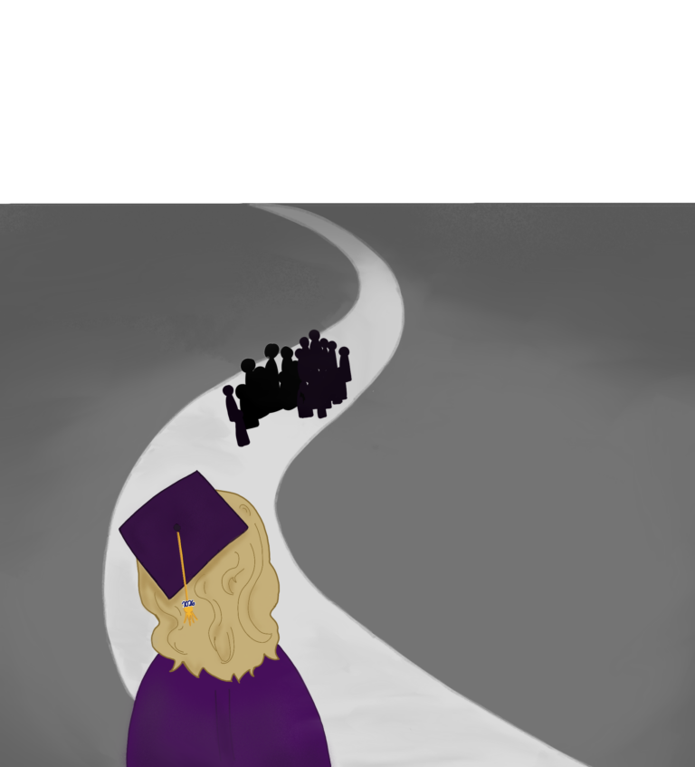 A senior dressed for graduation in a purple cap and gown watches a cluster of graduates in the distance.