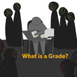 A student working while students, defined by their GPAs, loom around them.