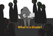 A student working while students, defined by their GPAs, loom around them.