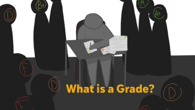 A student working while students, defined by their GPAs, loom around them.