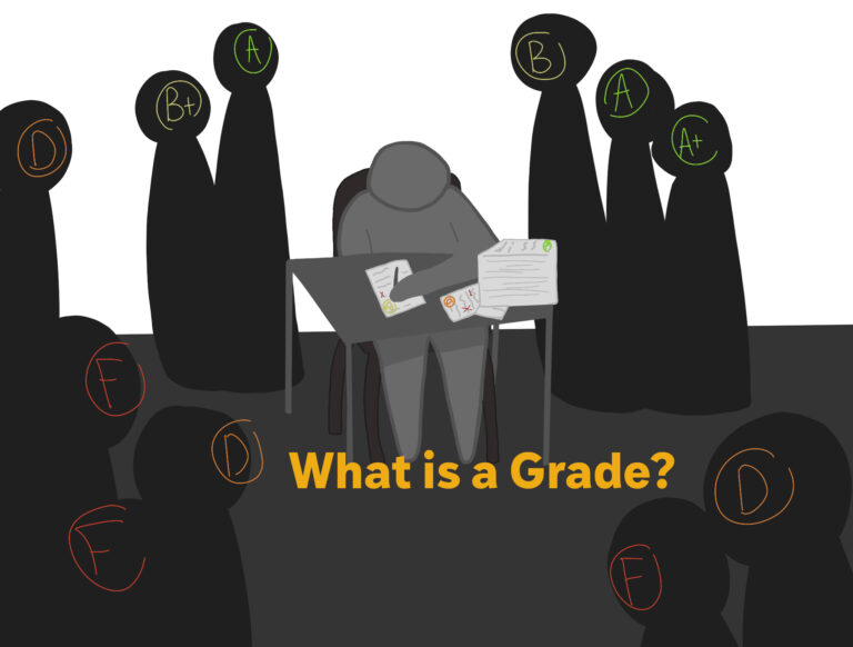 A student working while students, defined by their GPAs, loom around them.