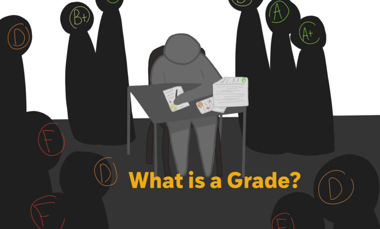 A student working while students, defined by their GPAs, loom around them.