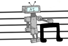 A robot standing next to a musical symbol on a musical staff.