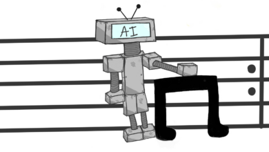 A robot standing next to a musical symbol on a musical staff.