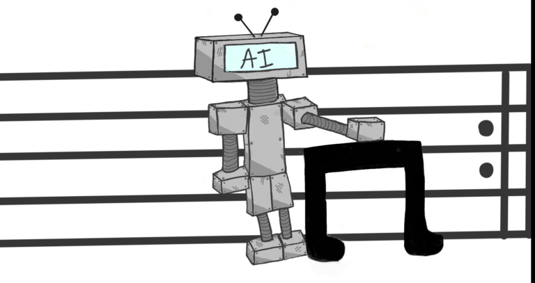 A robot standing next to a musical symbol on a musical staff.