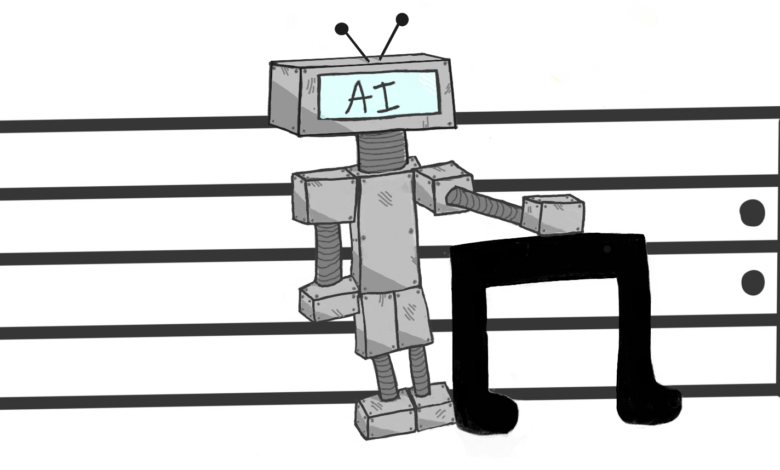 A robot standing next to a musical symbol on a musical staff.