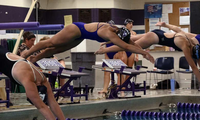 Estelle Bergs '30 leaps from the starting blocks in her race against the Eden Prairie Eagles on September 24. Bergs scored key Varsity points in a very close meet.