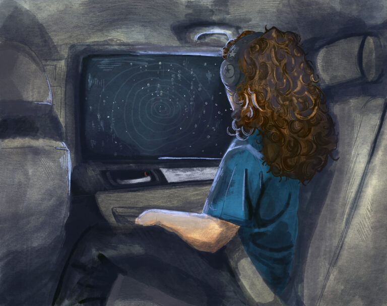 A girl wearing headphones looks out a car window form the back seat during a nighttime drive.