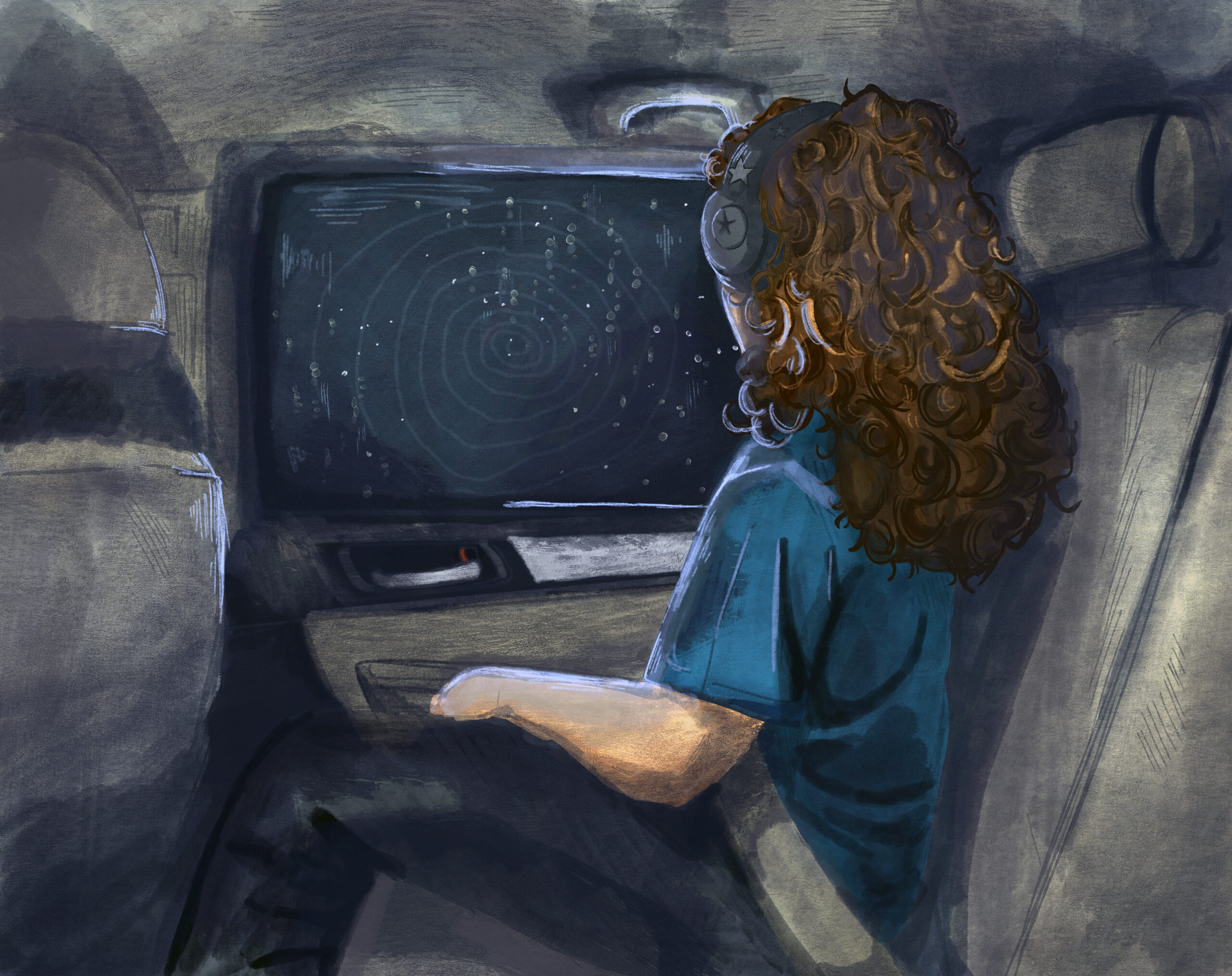 A girl wearing headphones looks out a car window form the back seat during a nighttime drive.