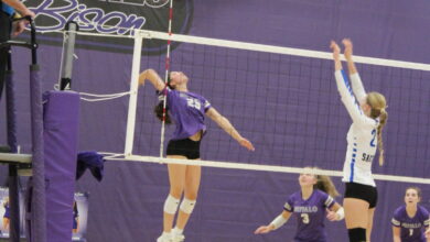 This image shows a player from Buffalo jumping to spike the ball.