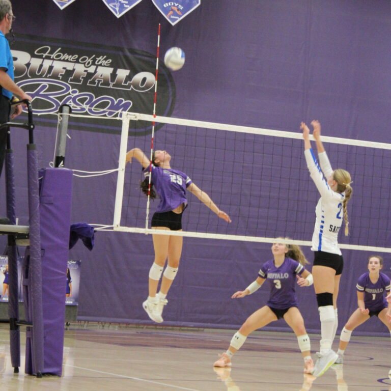This image shows a player from Buffalo jumping to spike the ball.